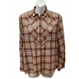 Vintage Retro Plaid Ruffle Front Semi Sheer Blouse